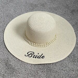 Bride Embroidered Wide Brim Straw Sun Hat with Pearl Band - Cream